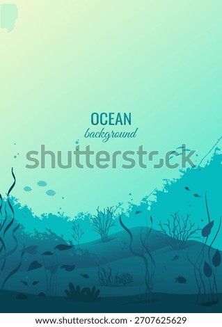 Underwater landscape of the seabed. Ocean flora and fauna. Coral reefs, algae, seagrass, and fish. Vector illustration.