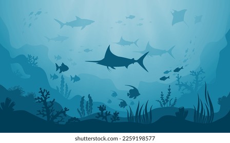 Underwater landscape of the seabed. Silhouettes of marine fish, coral reefs and algae on blue water background. Ocean life, marine nature, flora and fauna. Vector illustration