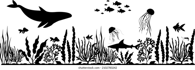 underwater landscape, seaweed, fish, vector