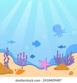 Underwater landscape. Seaweed and reef, fish shoal, whale and manta, turtle or marlin silhouettes in n ocean. Vector background with sea vegetation and animals. Water life, Aquatic marine biodiversity