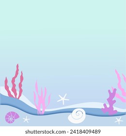 Underwater landscape. Seaweed and reef, fish shoal, whale and manta, turtle or marlin silhouettes in n ocean. Vector background with sea vegetation and animals. Water life, Aquatic marine biodiversity