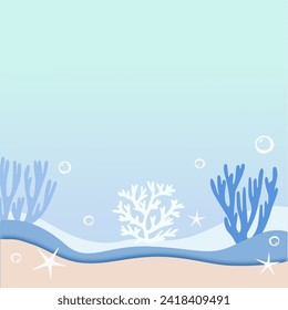 Underwater landscape. Seaweed and reef, fish shoal, whale and manta, turtle or marlin silhouettes in n ocean. Vector background with sea vegetation and animals. Water life, Aquatic marine biodiversity