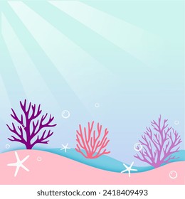 Underwater landscape. Seaweed and reef, fish shoal, whale and manta, turtle or marlin silhouettes in n ocean. Vector background with sea vegetation and animals. Water life, Aquatic marine biodiversity