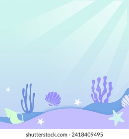 Underwater landscape. Seaweed and reef, fish shoal, whale and manta, turtle or marlin silhouettes in n ocean. Vector background with sea vegetation and animals. Water life, Aquatic marine biodiversity