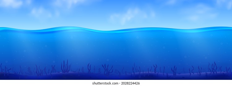 Underwater landscape with seaweeds, sunbeam and clouds on sky. Panoramic vector ocean background.