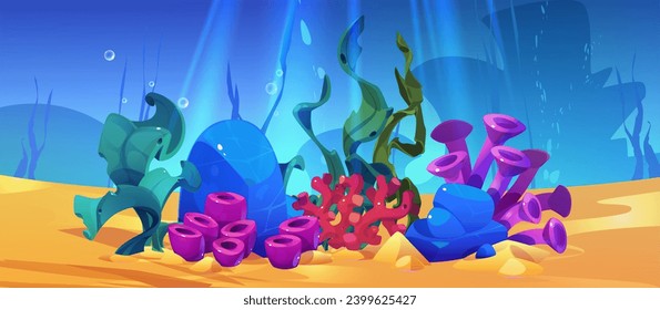 Underwater landscape with seaweeds. Vector cartoon illustration of sandy seabed with pink coral reefs, green plants and air bubbles, sunlight penetrating water, deep ocean flora, aquarium design