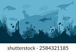 Underwater landscape of shipwreck with coral reefs scenery. Panoramic view of undersea with fishes and sunken ship. Vector illustration of scenic seascape with aquatic ecosystem and marine vegetation