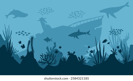 Underwater landscape of shipwreck with coral reefs scenery. Panoramic view of undersea with fishes and sunken ship. Vector illustration of scenic seascape with aquatic ecosystem and marine vegetation