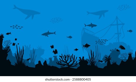 Underwater landscape of shipwreck with coral reefs scenery. Panoramic view of undersea with fishes and sunken ship. Vector illustration of scenic seascape with aquatic ecosystem and marine vegetation