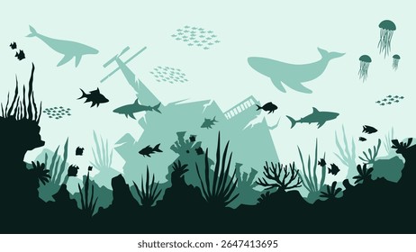Paisagem submarina de naufrágio com cenário de recifes de corais. Vista panorâmica do submarino com peixes e navio afundado. Ilustração vetorial da paisagem marinha cênica com ecossistema aquático e vegetação marinha