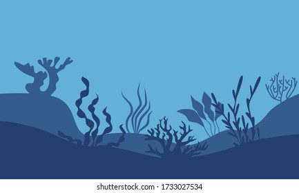 Underwater landscape with a silhouette of seaweed and corals. Flat design. Vector illustration