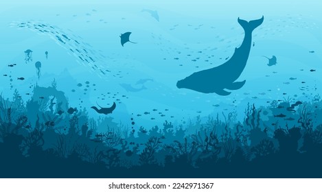 Underwater landscape, sperm whale, fish shoal and manta ray in seaweeds, vector undersea background. Sea or ocean deep water and coral reef landscape with whale and manta rays on sunken city ruins