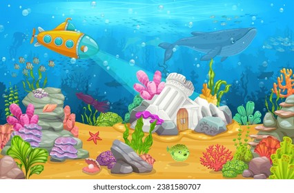 Underwater landscape with submarine bathyscaphe and ancient greek building on sea bottom, vector cartoon background. Ocean coral reef and sunken city ruins with whale, starfish and submarine boat