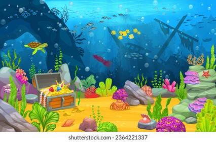 Underwater landscape with sunken sail ship and treasure chest on sand bottom, vector background. Caribbean sea or ocean coral reef with sunken boat, turtle and crab or squid in water seaweeds