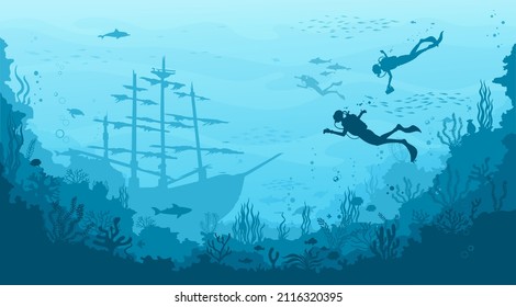 Underwater landscape with sunken sailing ship and divers. Seabed seascape, pirate treasures on sea bottom vector background with antique ship on seafloor. Ocean aquatic scene with divers and dolphins