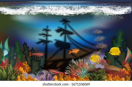 Underwater landscape with sunken ship background, vector illustration	