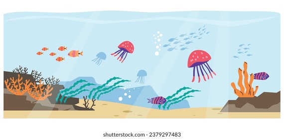 Underwater landscape with swimming jellyfishes, seaweeds and corals flat style, vector illustration isolated on white background. Life and nature, different fishes