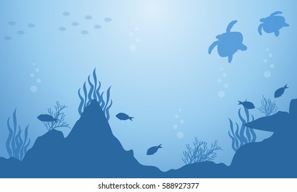 Underwater landscape of turtle and fish