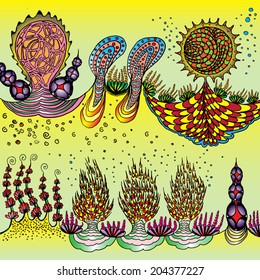Underwater landscape with various water plants. Doodle.