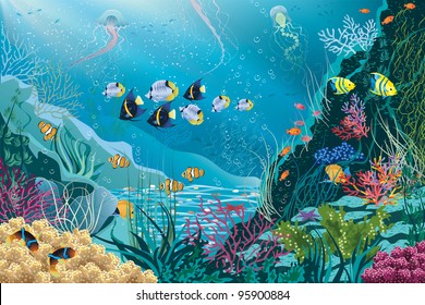 Underwater landscape with various water plants and swimming tropical fishes. All objects are grouped.