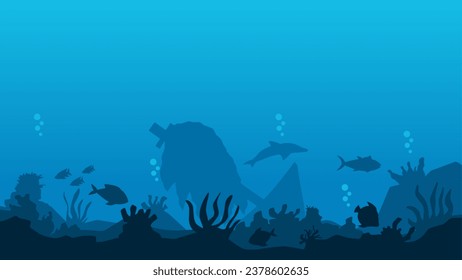 Underwater landscape vector illustration. bottom sea silhouette with coral reef, fish and shipwreck. Underwater landscape for background, wallpaper or landing page