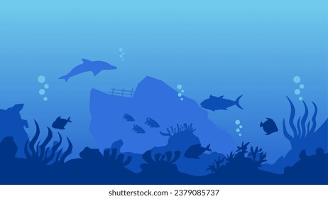 Underwater landscape vector illustration. Bottom sea landscape with fish, coral reef and shipwreck. Sea world silhouette for background, wallpaper or landing page. Deep sea landscape vector background