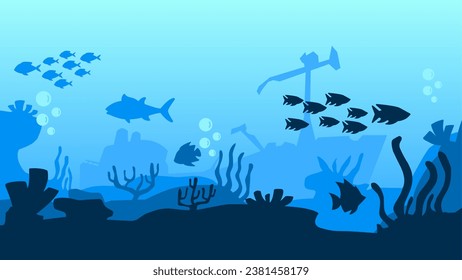 Underwater landscape vector illustration. Bottom sea landscape with fish, coral reef and shipwreck. Sea world silhouette for background, wallpaper or landing page. Deep sea landscape vector background