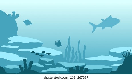 Underwater landscape vector illustration. Bottom sea landscape with fish, with coral reef. Sea world silhouette for background, wallpaper or landing page. Deep sea landscape vector background