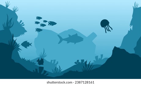 Underwater landscape vector illustration. Bottom sea landscape with fish, coral reef and shipwreck. Sea world silhouette for background, wallpaper or landing page. Deep sea landscape vector background