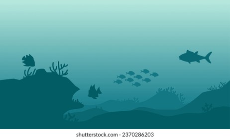 Underwater landscape vector illustration. Deep sea landscape with fish, coral reef and bubbles. Sea world silhouette landscape for background, wallpaper or landing page