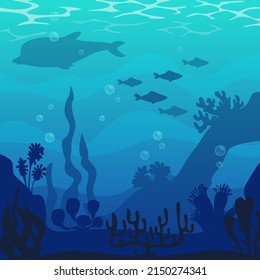 Underwater landscape, vector ocean bottom illusteration. Beautiful blue under sea location. Deep blue bottom game background, silhouette layers.