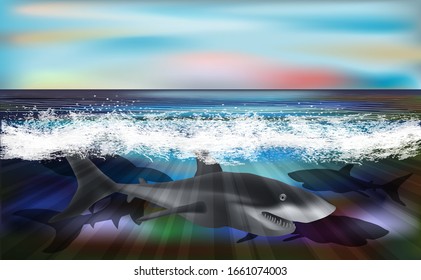 Underwater landscape wallpaper with shark . vector illustration	