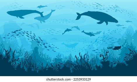 Underwater landscape, whales and dolphins in undersea, vector ocean deep background. Sperm whale and manta, seaweeds and corals with fish shoal silhouettes on ocean bottom or sea landscape