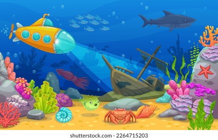 Underwater landscape. Yellow submarine or bathyscaphe on sea bottom. Sea animal and plants landscape vector background or wallpaper with sunken ship, shark, crab and cuttlefish cartoon characters