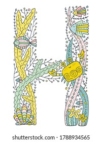 Underwater latin alphabet with sea life and seaweeds doodles. Cute children illustration. Poster, banner, greeting card design element. The letter H