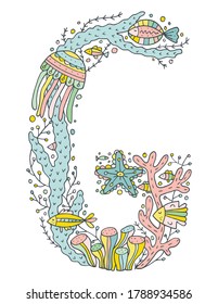 Underwater latin alphabet with sea life and seaweeds doodles. Cute children illustration. Poster, banner, greeting card design element. The letter G