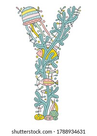 Underwater latin alphabet with sea life and seaweeds doodles. Cute children illustration. Poster, banner, greeting card design element. The letter Y