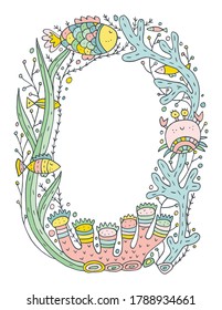 Underwater latin alphabet with sea life and seaweeds doodles. Cute children illustration. Poster, banner, greeting card design element. The letter Q