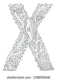 Underwater latin alphabet with sea life and seaweeds doodles. Cute children illustration. Poster, banner, greeting card design element. Perfect for coloring pages. The letter X