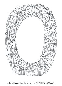 Underwater latin alphabet with sea life and seaweeds doodles. Cute children illustration. Poster, banner, greeting card design element. Perfect for coloring pages. The letter O