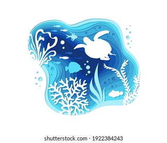 Underwater layered banner. Vector background in paper art style with reef landscape. Turtle, corals, fish, polyps, shellfish and seaweeds and other sea wildlife.