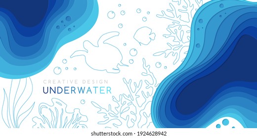 Underwater layered banner. Vector background in paper art style with reef landscape in linear style. Turtle, corals, fish, polyps, shellfish and seaweeds and other sea wildlife.