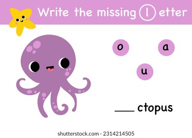 Underwater letter alphabet match matching exercise game vector. Printable worksheet page nursery childish activity playful character, fish, seashell, octopus, cute shark, starfish, crab