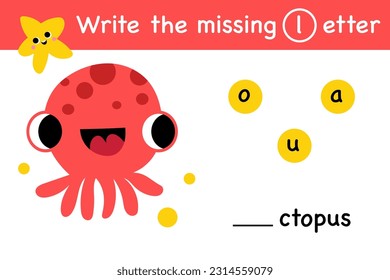 Underwater letter alphabet match matching exercise game vector. Printable worksheet page nursery childish activity playful character, fish, seashell, octopus, cute shark, starfish, crab