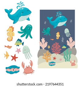 Underwater life art mural for kid room decorations. A set of hand drawn illustrations with ocean animals. 