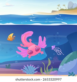 Underwater life. axolotl microorganisms. cartoon background