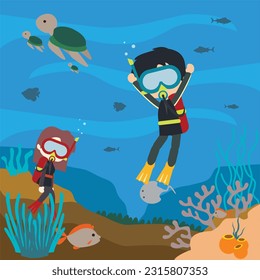 Underwater life background illustration with cute diver character