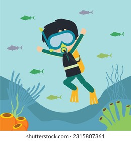 Underwater life background illustration with cute diver character