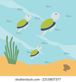 Underwater life background illustration with cute diver character