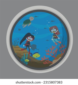 Underwater life background illustration with cute diver character